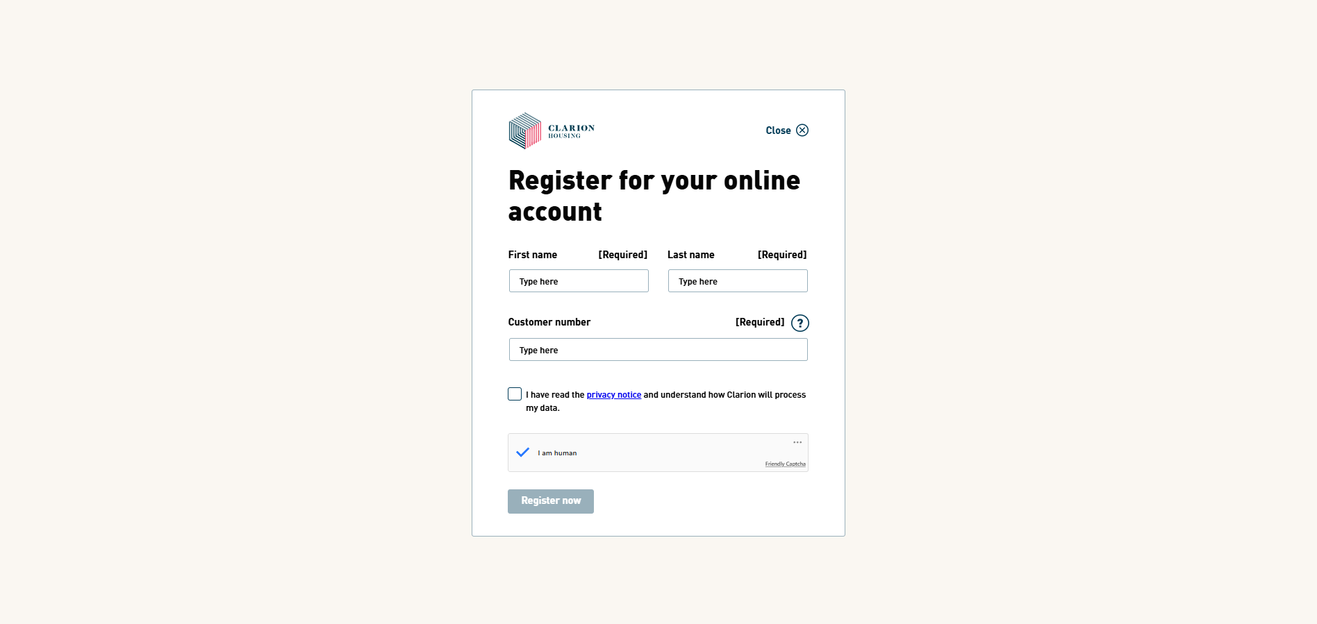 Registration screen for creating a Clarion Online Account